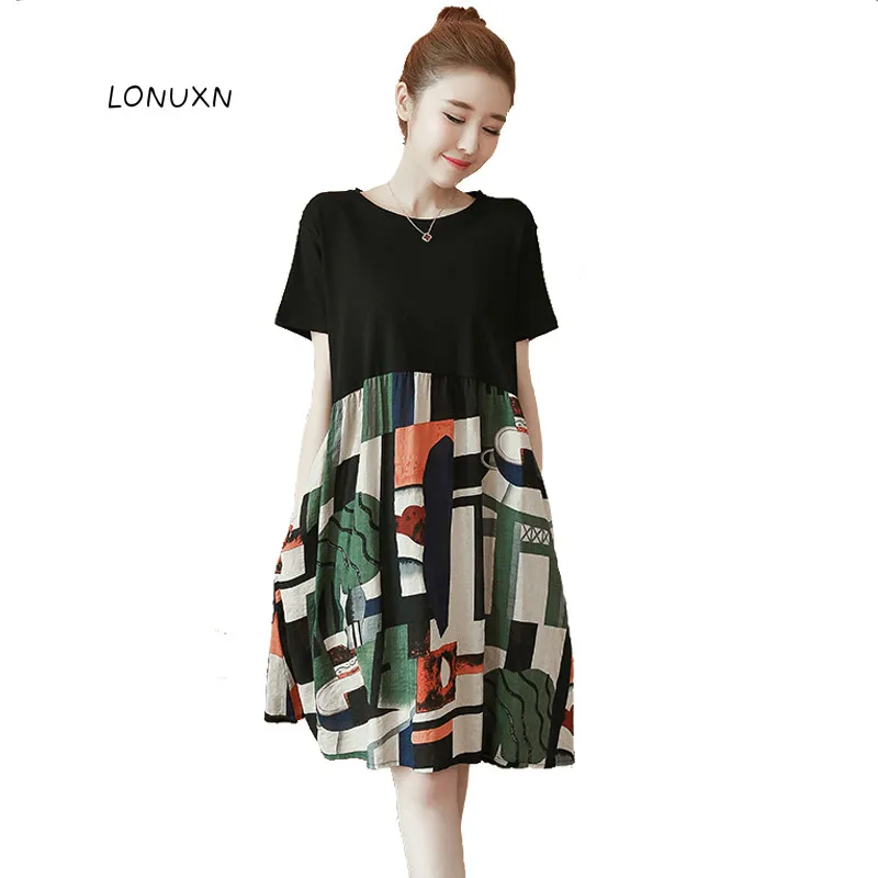 

2 colors high quality autumn Korean version Female flax Large size Loose Retro dress Girls Short sleeve O-Neck A-Line dress
