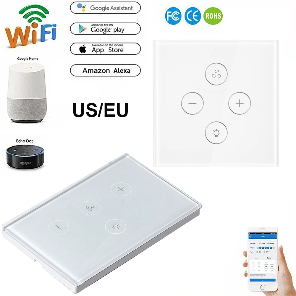 ЕС США WiFi умный переключатель потолочного вентилятора диммер приложение ПДУ для умного дома, с таймером, совместим с Alexa и Google и контроль скорости работы с Alexa Google Home не требуется концентратор