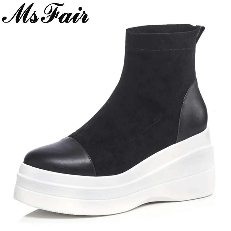 

MSFAIR Round Toe Thick Bottom Women Boots Fashion Flat With Slip-On Ankle Boots Women Shoes Winter White Black Boots Shoes Woman