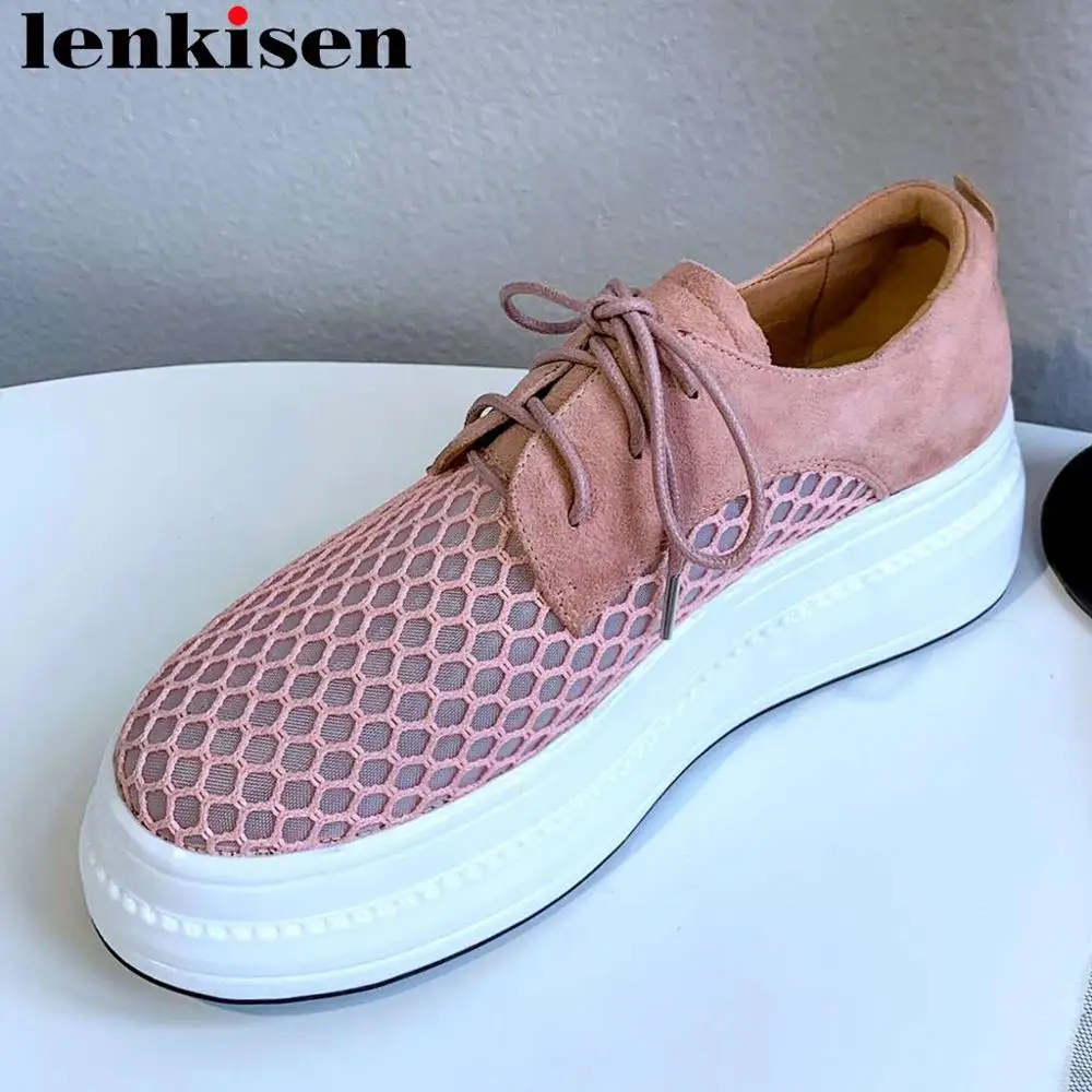 

Lenkisen daily wear comfortable mesh kid suede round toe lace up sneakers med bottom British style women vulcanized shoes L36