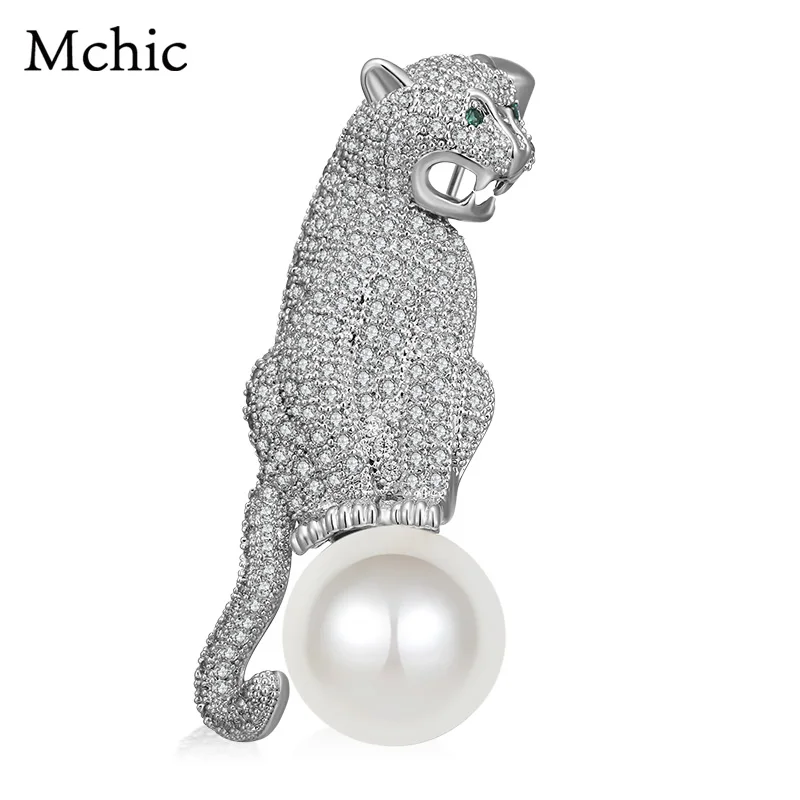 

Mchic Bling Luxury Zircon Brooch Pin Gift Shell Pearl Leopard Animals Brooch Charms For Men Suit Jewelry Accessories