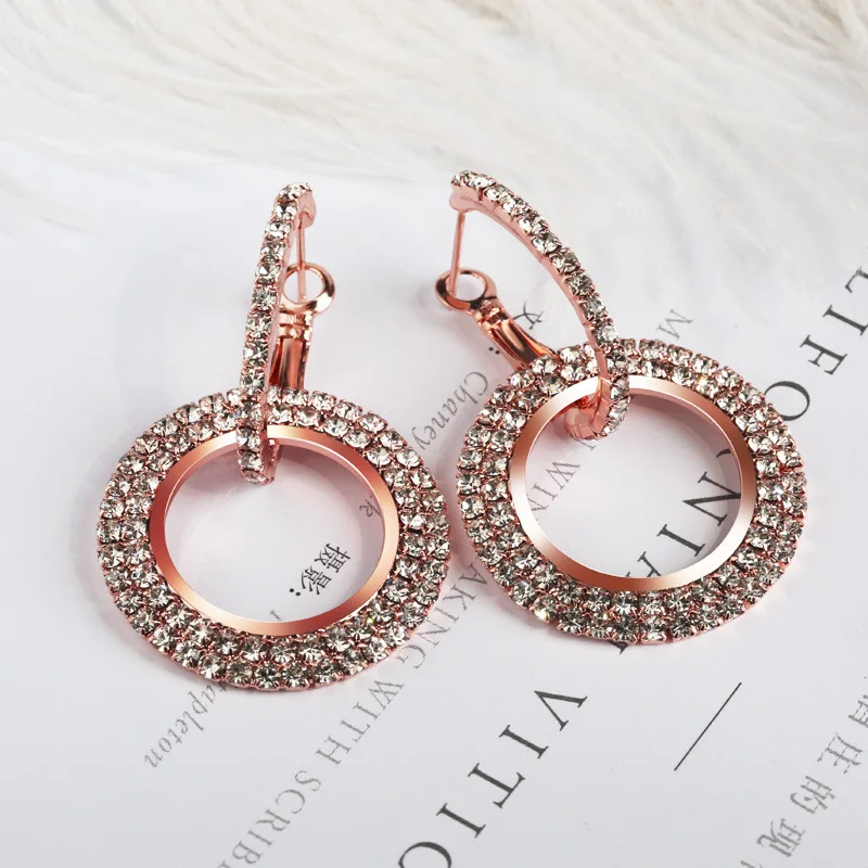 

Hot Selling Full Crystal AAA Zircon Round Earrings Rose Gold Black Gun Plated Drop Earring Eardrop Dangler Charm Gift For Women
