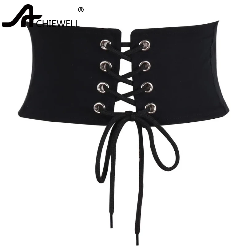 ACHIEWELL Для женщин элегантный металлической пряжкой черный эластичный стрейч широкая талия бинты ремень Широкие пояса