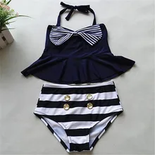 3 шт./лот От 10 до 16 лет темно-синее Полосатое платье-пачка с бантом купальный костюм для девочек платье Штаны и шапочка, комплект(3 шт./компл