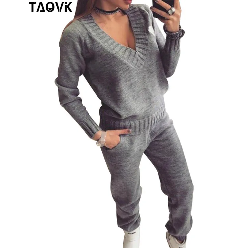 

TAOVK Womans Wool Warm Knitted Suit trackSuit V-Neck Pullover Sweater Set Trousers Plus Size Knitwear sports suit sexy two piece