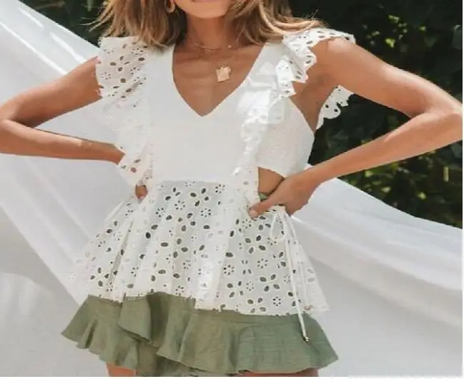 Women blouse Hollow Out Lace Patchwork tops women plus size 5xl Geometry v-neck summer Shirt vrouw Blouse large