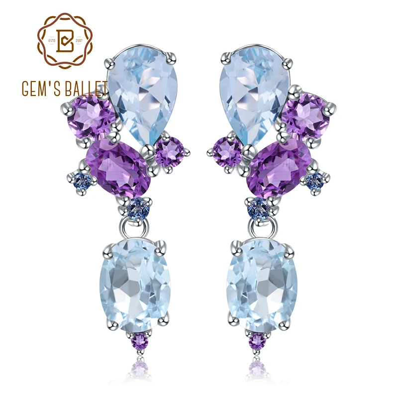 

GEM'S BALLET 925 Sterling Silver Colorful Modern Irregular Earrings Natural Blue Topaz Amethyst Stud Earrings for Women Bijoux