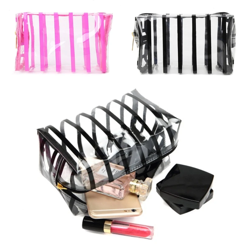 

THINKTHENDO Women Travel Makeup Clear Cosmetic Bag Toiletry Stripe Transparent Storage Pouch Pink/Black New PVC Casual Handbags
