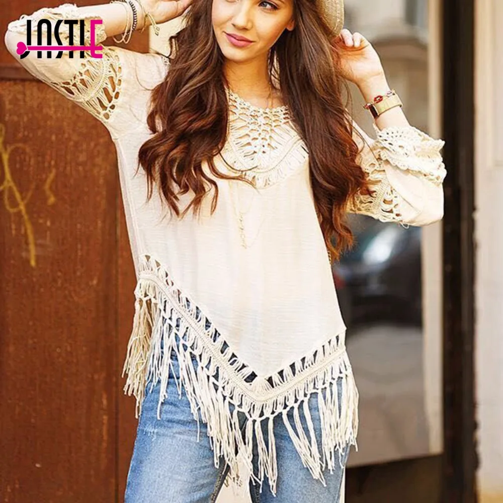 

Curiosity Summer Style Beach Sexy v Neck Linen patchwork Boho Crochet Blusas Tassels Loose Women Tops Casual Blouses