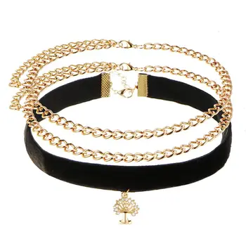 

120pcs/lot luxury tree pendant lady gold black choker fashion lady ribbon necklace wholesale jewelry bijoux