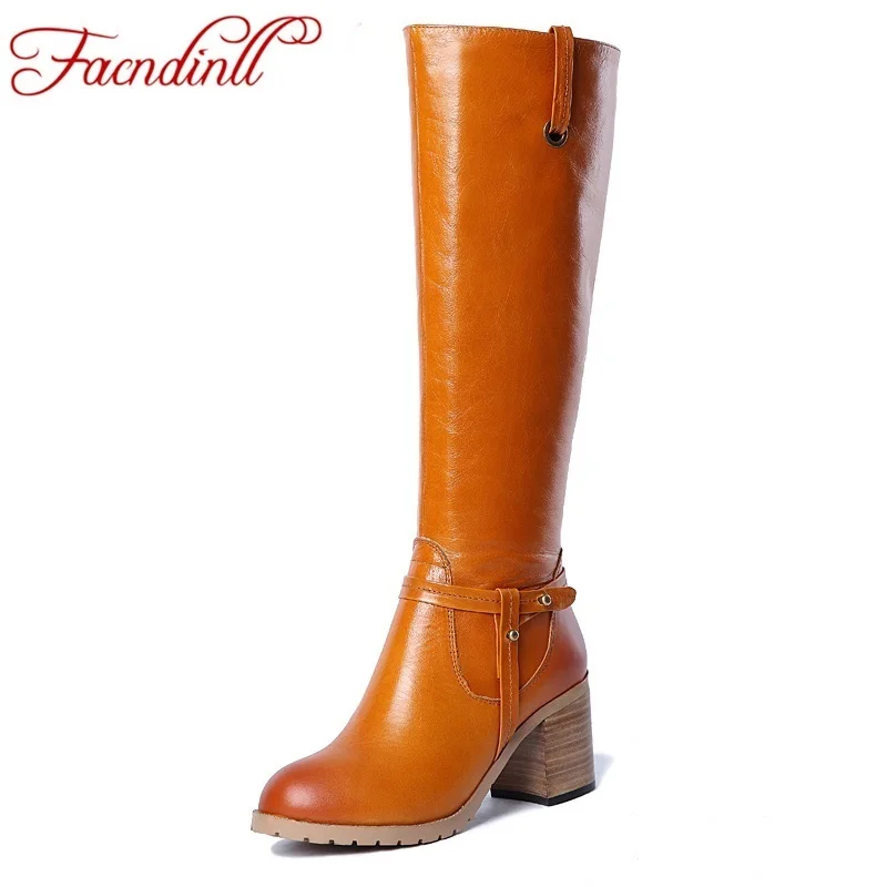 plus size new design pu+genuine leather boots buckle zipper square heel winter warm knee high boots fashion ladies casual shoes