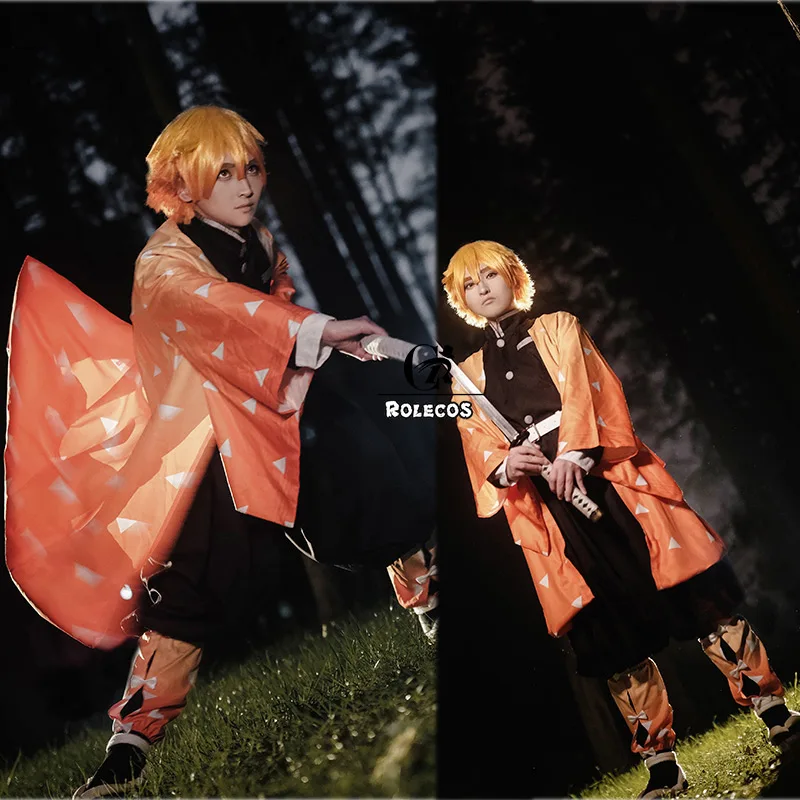 ROLECOS аниме Demon Slayer Косплей Костюм агатсума зенитсу Kimetsu no Yaiba Косплей Костюм мужской кимоно желтый Униформа полный комплект