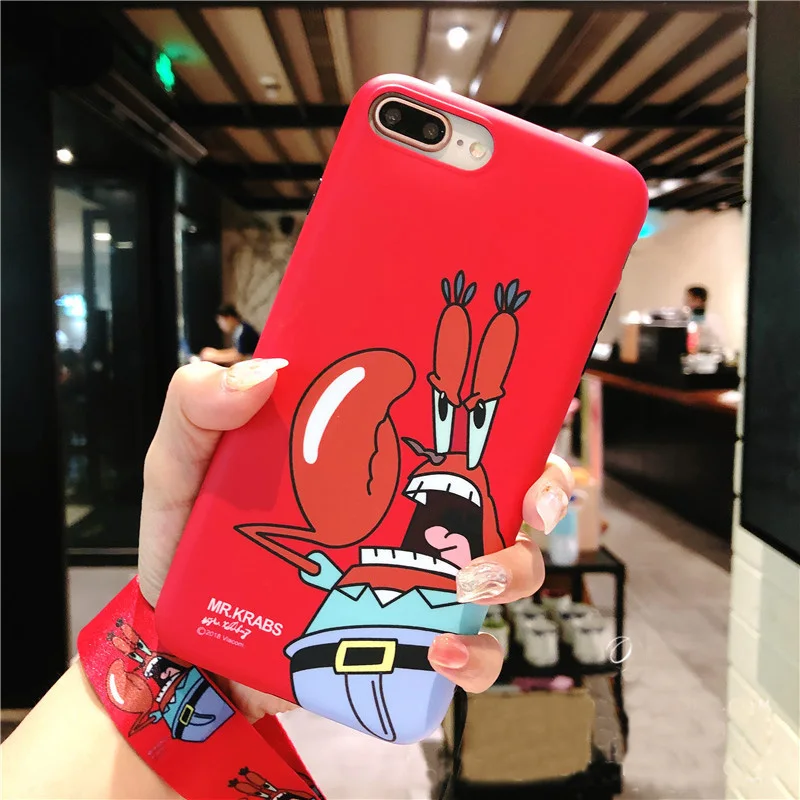 Для iPhone 11 pro Max милый Mr. Krabs мягкий задний Чехол для телефона для iPhone XR XS Max 6 6S 7 8plus мультяшный матовый чехол+ ремешок