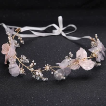 Elegant Gold Hair Jewelry Handmade Pink Flower Crystal Pearl Wedding Headband tiara Bride Hair Accessories Women Accessories