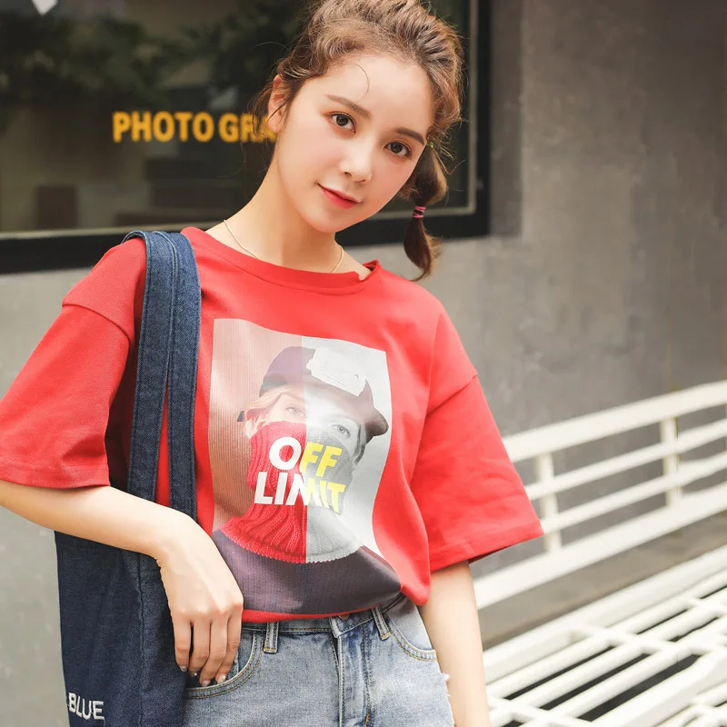 

Spring and summer ladies print T-shirt short-sleeved loose cotton Korean version of the bottom shirt
