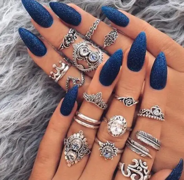 

16 Pcs/set Women Bohemian Vintage Crown Wave Flower Heart Leaf Crystal Opal Joint Ring Party Silver Ring Set