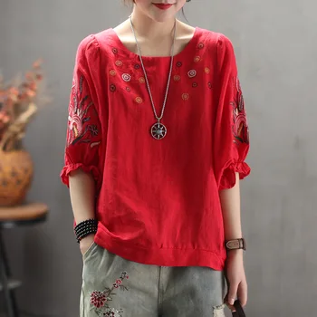 

Vintage Embroidery Floral Cotton Linen Tops Shirts Women Tshirt Casual Harajuku Shirts Tee Shirts plus size Women LT716S50