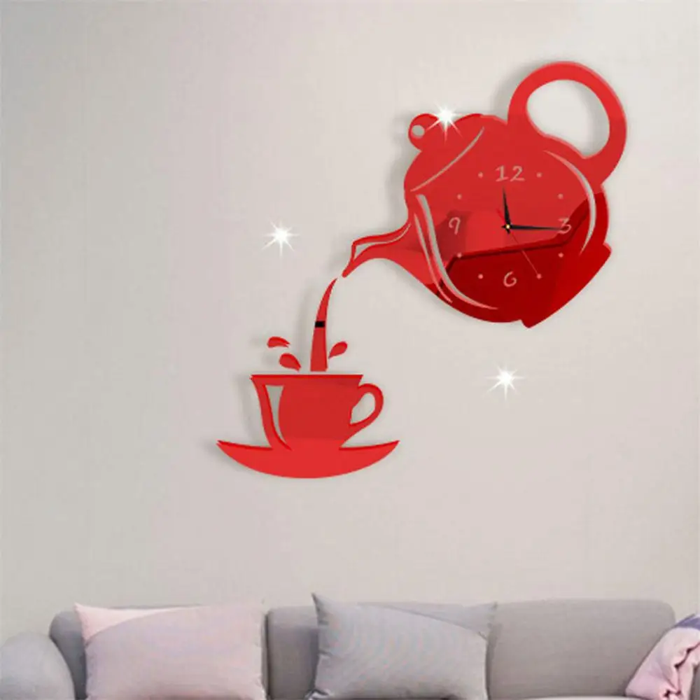 Creative Teapot Kettle Wall Clock, 3d Acrylic Coffee Tea Cup 22cm Black