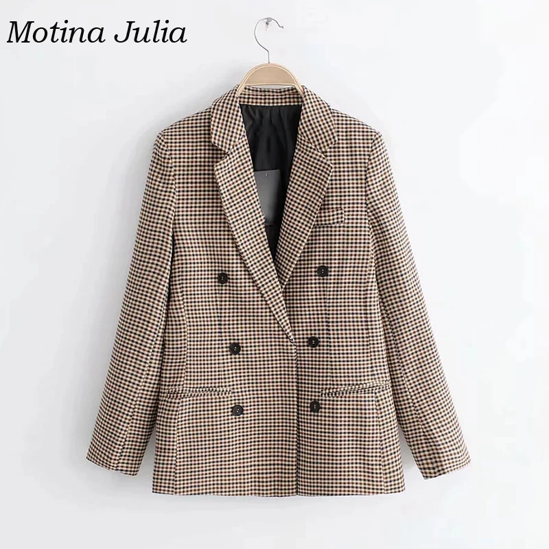 Motina Julia, модный клетчатый Блейзер, пальто для женщин, осенняя уличная одежда, двубортная верхняя одежда, Блейзер, куртки