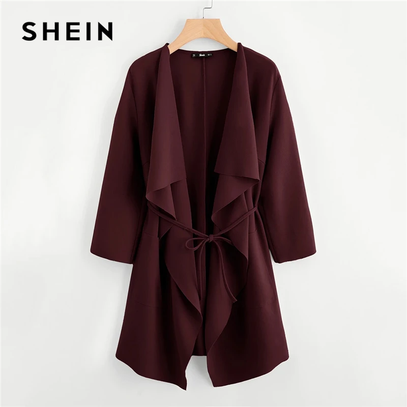 Very best  SHEIN Waterfall Collar Double Pocket Front Wrap Autumn Coat With Belt Women Solid Long Sleeve Sprin