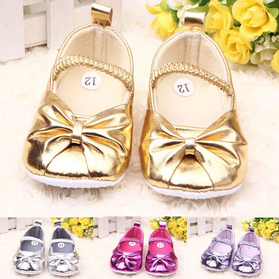 Fashion Metallic PU Bow Tie Baby Girl Shoes/Cute Soft Sole Baby Crib