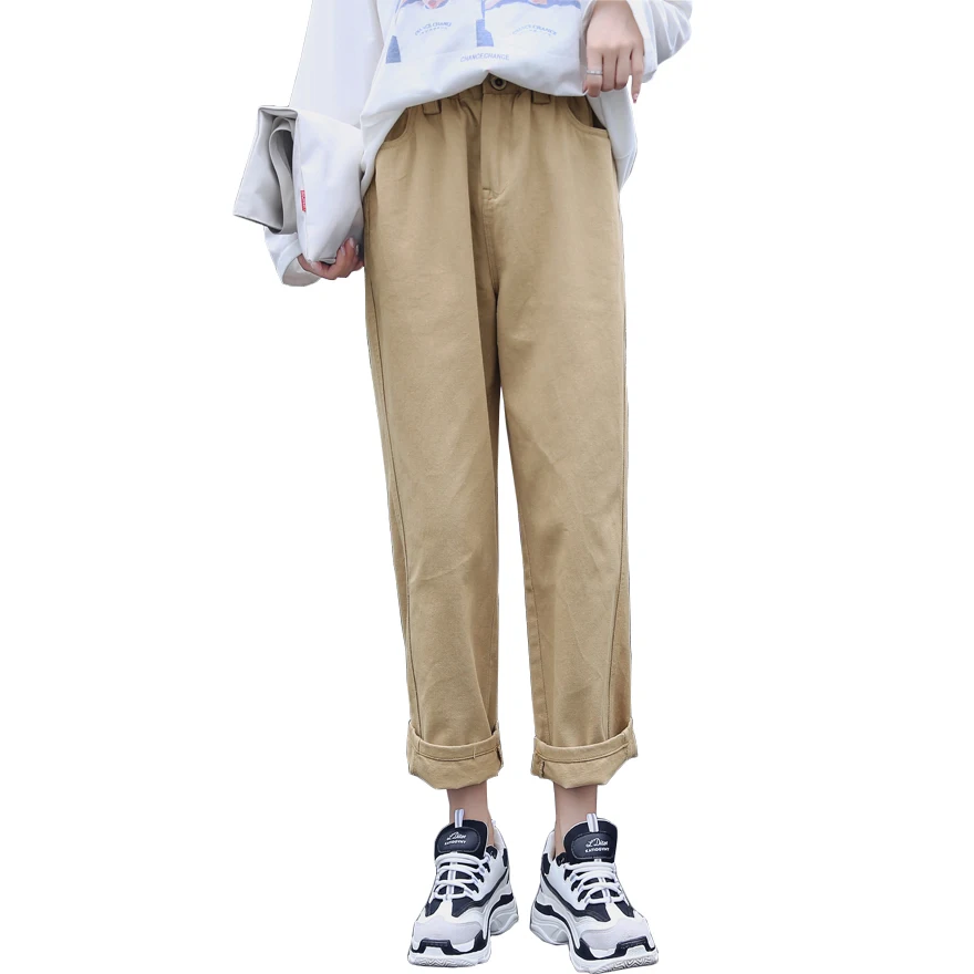 Для женщин высокая талия джинсовые хлопковые брюки осень 2018 г. Корейский Ulzzang Harajaku гарем карго Брюки для девочек прямые широкие брюки Pantalon
