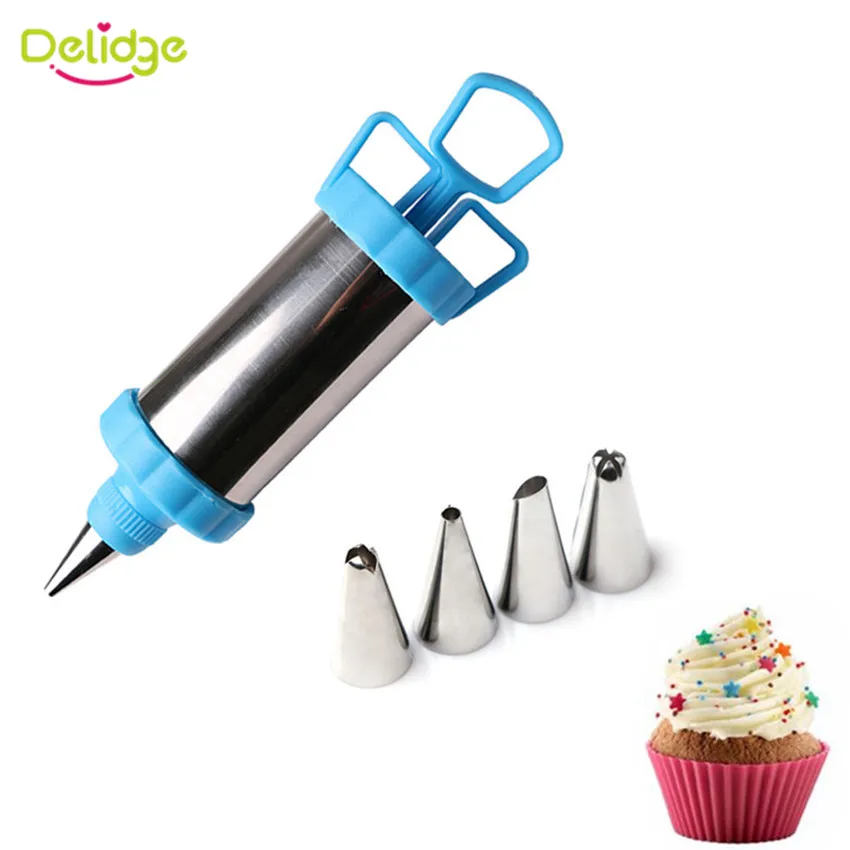 

Delidge 4 Stainless Steel Icing Piping Nozzle + 1 Cake Cream Syringe 3D Fondant Cake Decoration Set DIY Baking Pastry Tools