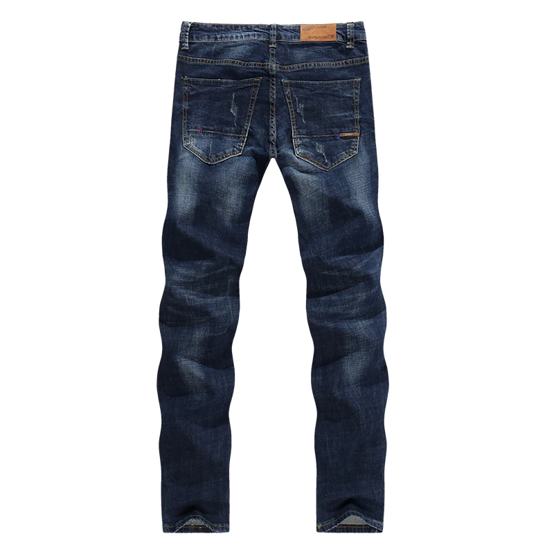 2017 Fashion Men's Jeans Classic Stretch Dark Blue Business Casual Pants Tapered Slim Fit Scratched Long Trousers Gentleman 36