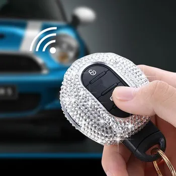 

Bling Bling Crystals Car Key Fob Cap Case Cover w/ Plush Ball For Mini Cooper F55 Hardtop F54 Clubman 2015 2016 2017 Women Gift