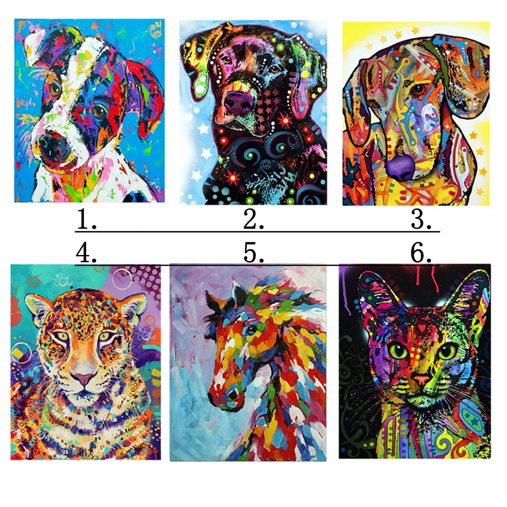 Multicolor Animals Oil Painting Canvas Print Cute Dog Cat Tiger Horse Wall Art Picture for Kids Room Home Wall Decor Poster Art
