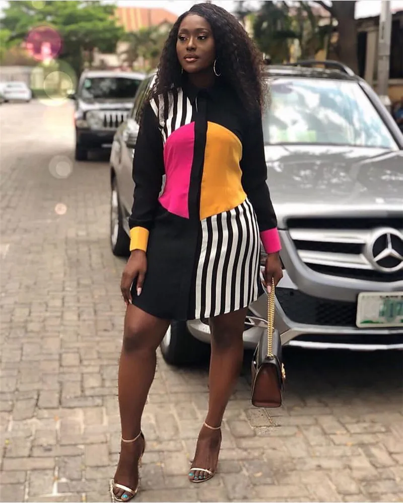 Online Vestido camisero de manga larga de verano para mujer 2019 Streetwear Office Stripe Knee length vestido Casual botón negro suelto Midi vestido de fiesta