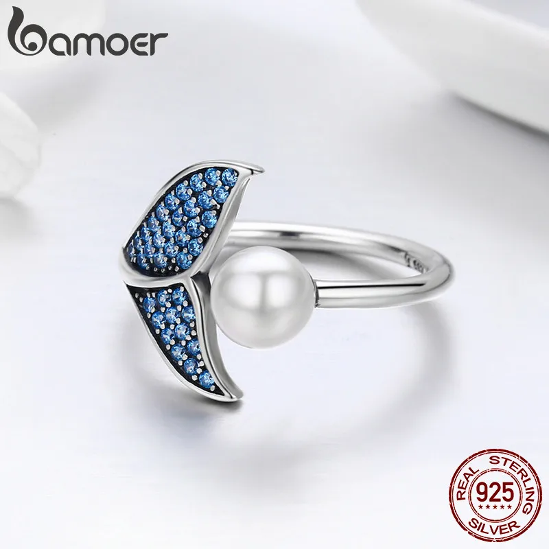 BAMOER Authentic 925 Sterling Silver Adjustable Dolphin Tail Blue CZ Finger Rings for Women Sterling Silver Jewelry Gift SCR286