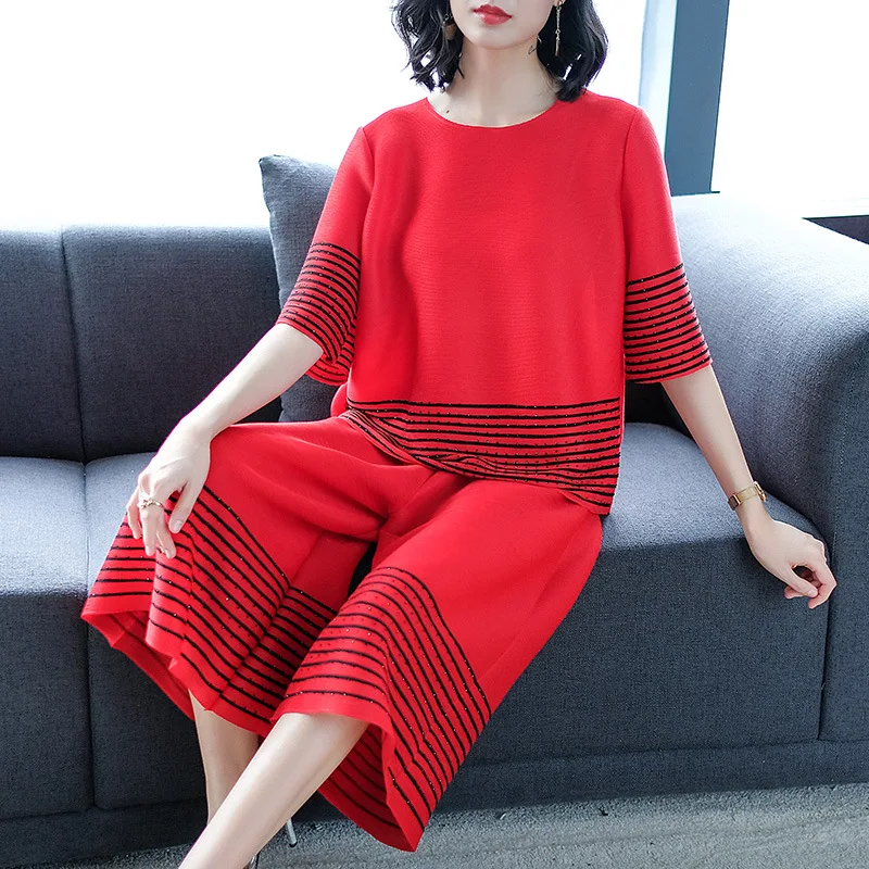 Plus Size Pant Suit Women's Casual Striped 2019 Spring New O Neck Half