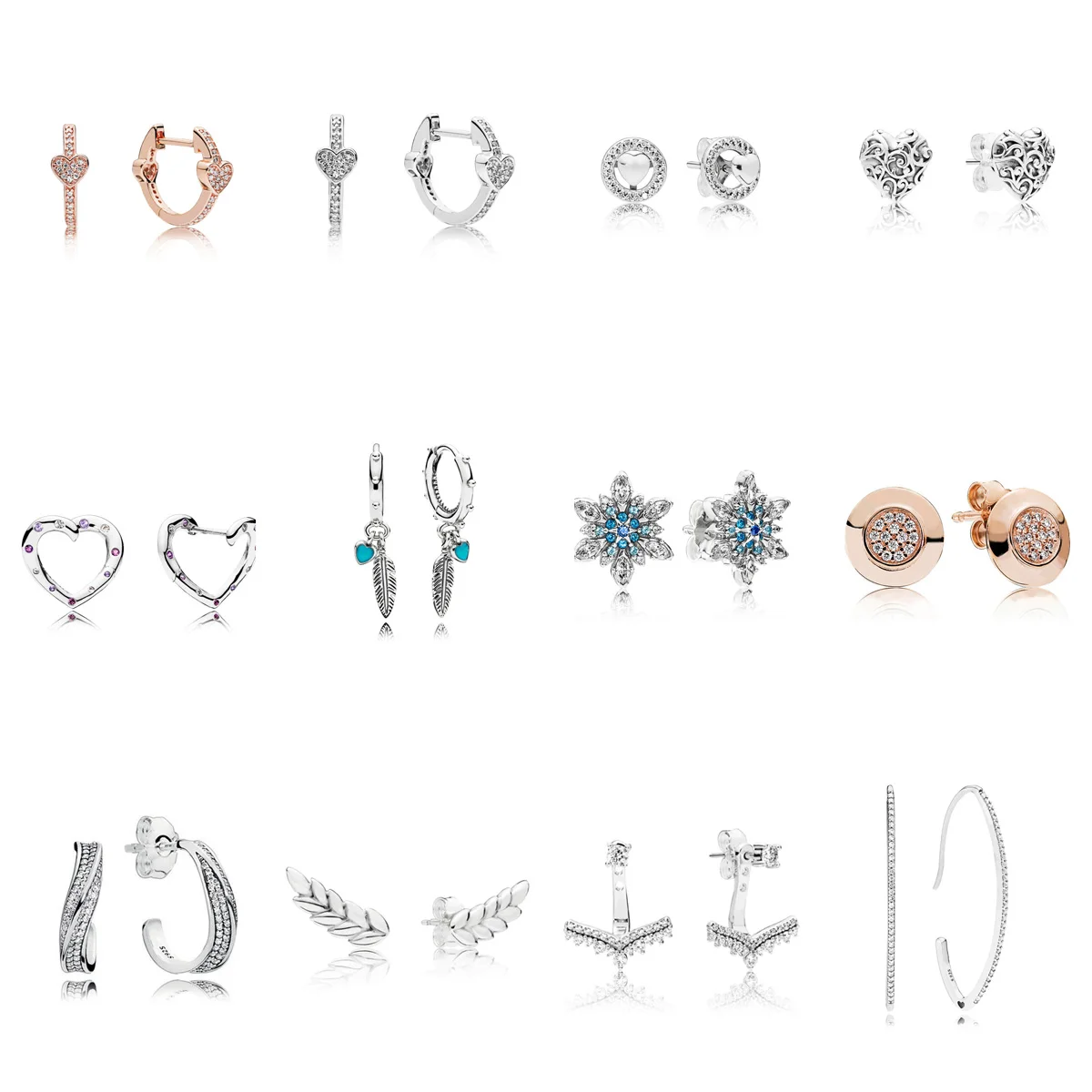

12 Style 925 Sterling Silver Earrings Feather Heart Snowflake Earrings for Women Wedding Party Jewelry