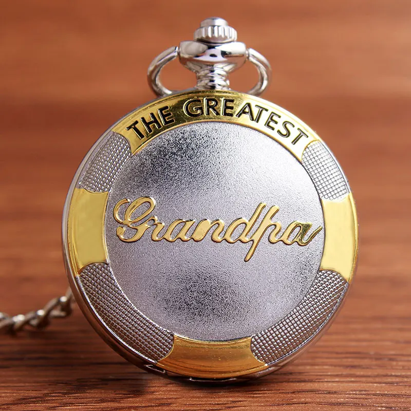 Luxury THE GREATEST Grandpa Father's Gold Silver Quartz Pocket Watch Pendant Fob Chain Roman Numberals Mens Best Gift Necklace european and american movies aladdin and the magic lamp quartz pocket watch do the old flip quartz watch chain table ds274