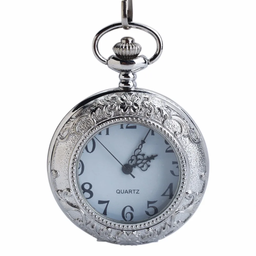 CKKU Jewelry тиснением цветочный край кварцевые карманные часы Серебристый чехол с 15 дюймов цепи для мужчин обувь мальчиков подарок LPW117