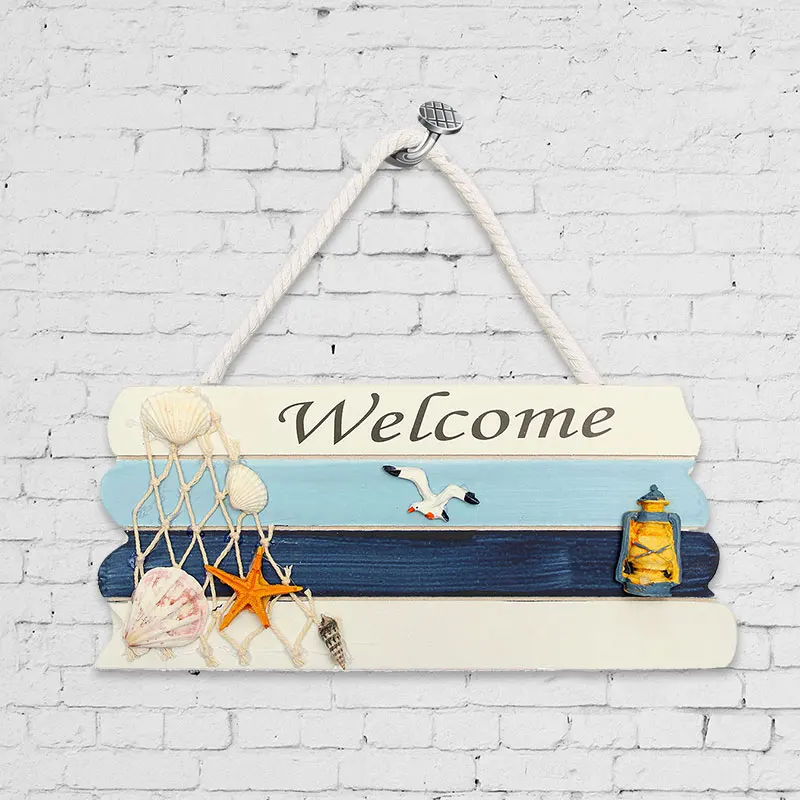 

Mediterranean Ocean Nautical Welcome Wooden Sign with Star Fishes Shell for Home Bar Shop Door Plaque Hanging Decor Craft