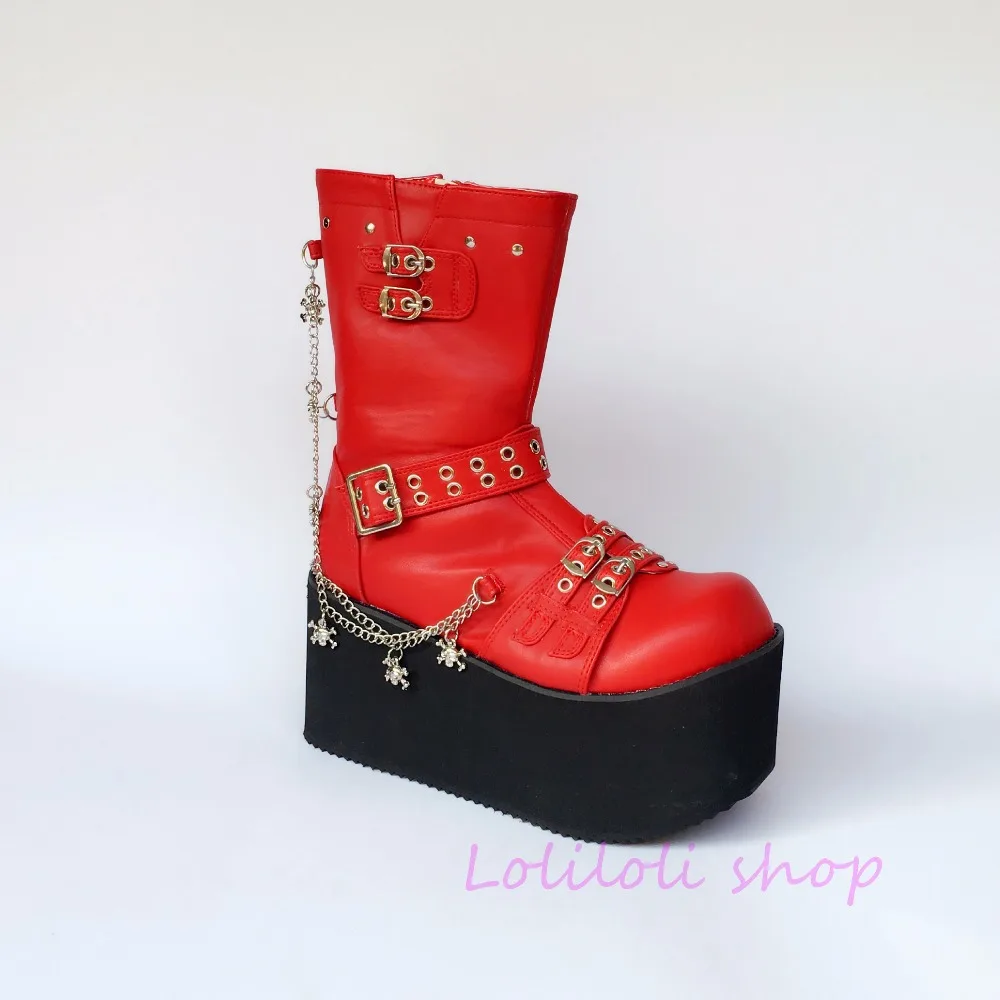 Mid Schnalle größe Punk Prinzessin An4110 Design Pu Japanischen Große Yoyo kalb Schuhe Helle Stiefel Benutzerdefinierte Mehrfach Süße Loliloli Rot Op5npxqwS6