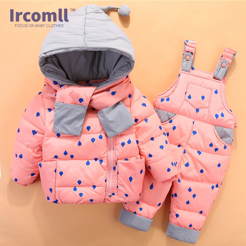 Ircomll/комплект зимней одежды для мальчиков и девочек, темное пуховое пальто в горошек+ комбинезон, костюмы теплый ветрозащитный зимний комбинезон, Детский костюм для малышей
