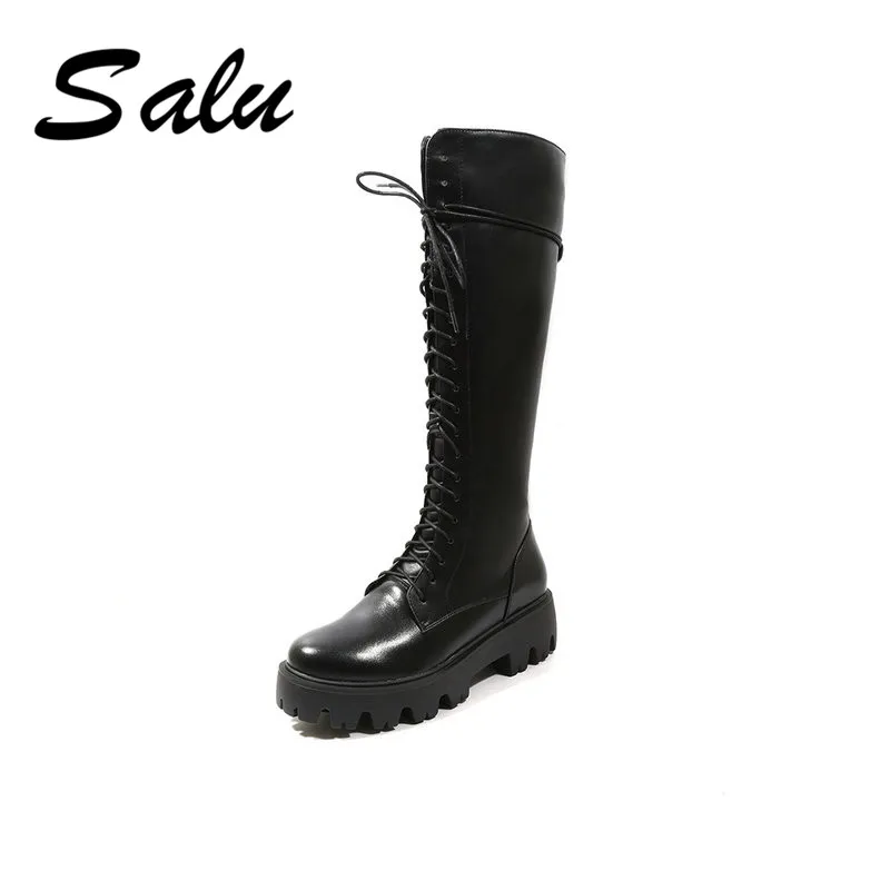 

Salu knee-high Boots Women Winter Genuine Leather round Toe Thick High heel Metal Boots Zipper Plush Lining Ladies Shoe