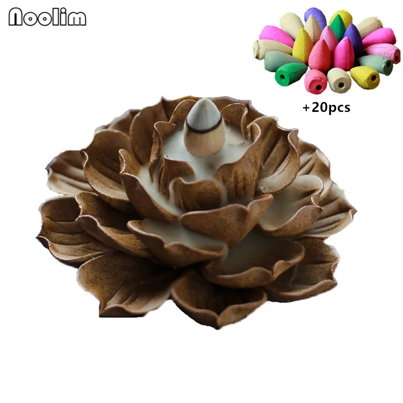

Handmade Ceramic Zen Lotus Backflow Incense Burner Sandalwood Incense Stick Holder Creative Buddhist Fragrance + 20pcs Cones