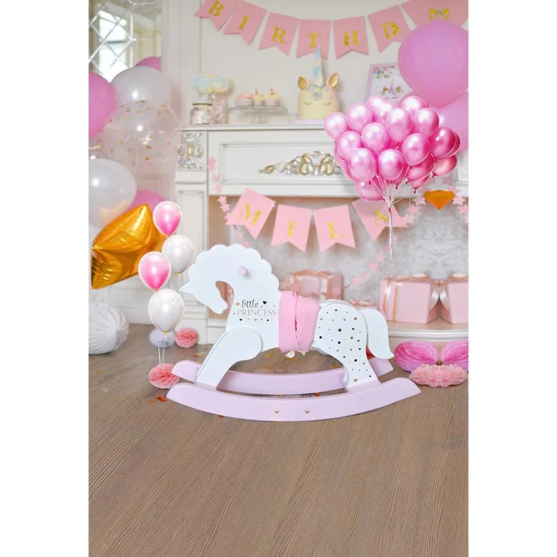 

Vinyl Baby Girl's Birthday Photo Background Printed Pink Balloons Horse Little Princess Unicorn Party Photography Backdrop