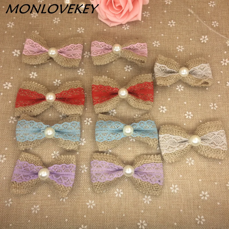 

Natural Jute Burlap Hessian Bowknot Handmade Pearl Bow corlorful Trim Lace Vintage Wedding Decoration Hair Bow Hat Craft
