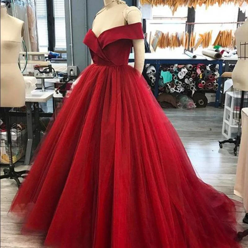 Dark Red Ball Gown Party Dresses Off Shoulder Satin Tulle Elegant Evening Gowns Custom Made Sweep Train Formal Prom Gowns119