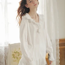 Новая осенняя женская пижама принцессы, комплект с длинными штанами, белая Пижама, ночная рубашка из хлопка, ночные рубашки