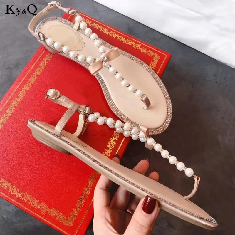 

2019 Summer New Ladies Fashion Rhinestones Comfortable Pin-toe Low-heeled Buckle Pearl Casual Shallow Mouth Wild Flat Sandals