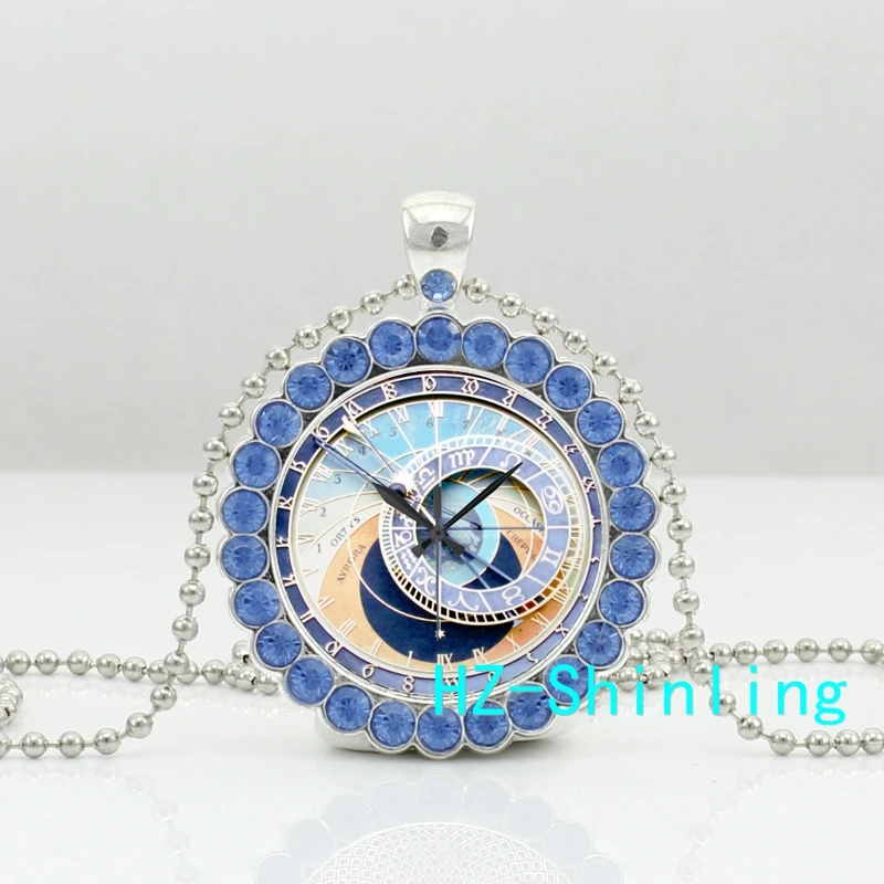 

New Astronomical Clock Prague Crystal Necklace Vintage Clock Pendant Round Picture Jewelry Ball Chain Necklaces Pendants HZ6