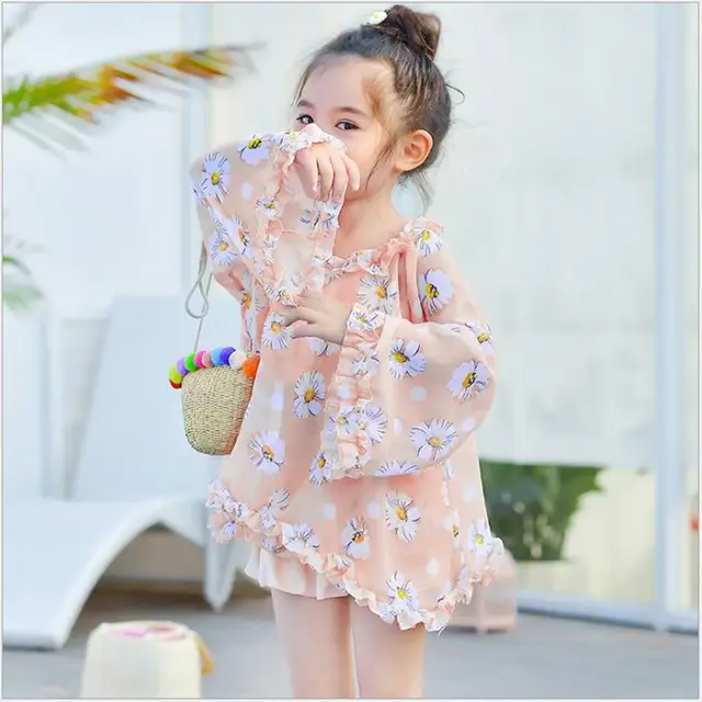 Best Price Children's Swimsuit Girl Three Pieces Of Big And Medium Princess Split Skirt Long Sleeve Baby Girl Sunscreen Swimwear 