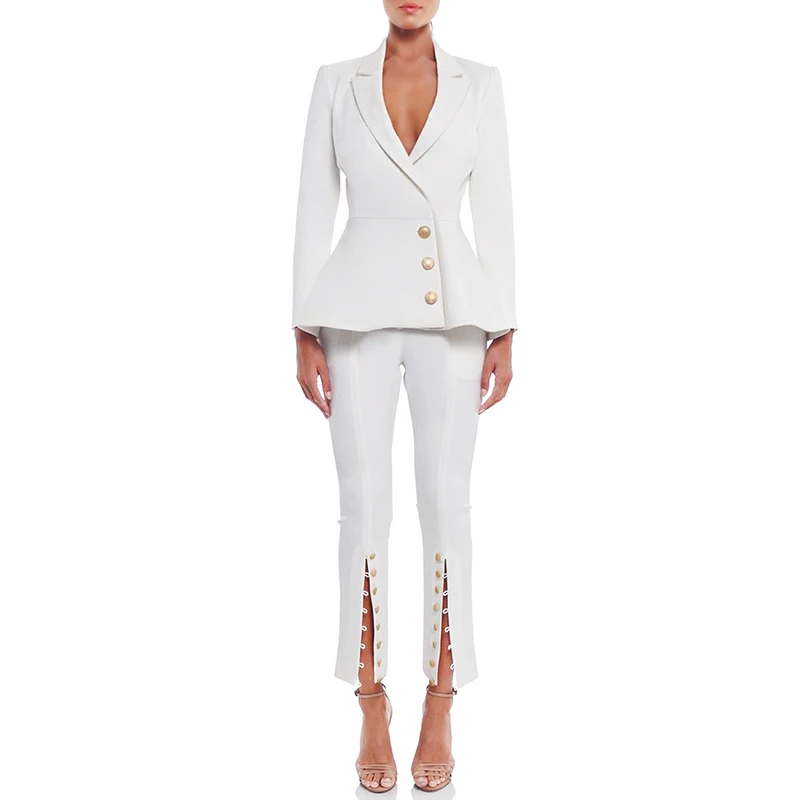 Beateen Women's White Buttons Formal Elegant Blazer Pantsuits 2 Piece Suit Sets 2018 New Fashion