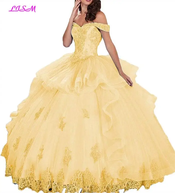Photo Color Бальные платья с открытыми плечами и аппликацией из бисера vestidos de 15 anos со складками многоуровневый органза платья для выпускного вечера - Цвет: Photo Color